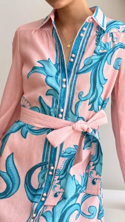 Lucia Long Sleeve Mini Dress - Aqua/Pink Print
