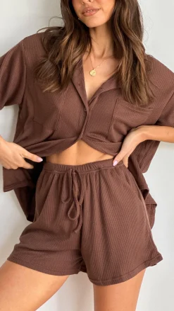 Machiko Button Up Shirt and Shorts Set - Brown Waffle Knit