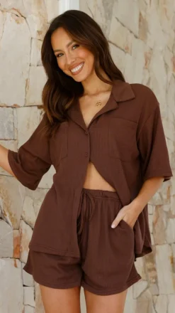 Machiko Button Up Shirt and Shorts Set - Brown Waffle Knit