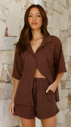 Machiko Button Up Shirt and Shorts Set - Brown Waffle Knit