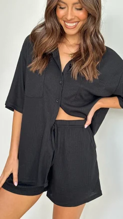 Machiko Button Up Shirt and Shorts Set - Black Waffle Knit