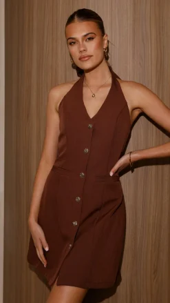 Maia Halter Neck Mini Dress - Brown