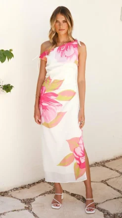 Maisy Shoulder Tie Midi Dress - Pink Green