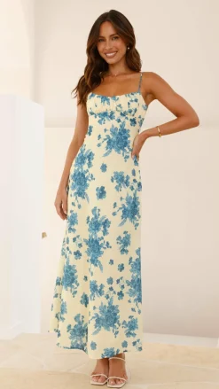 Margie Midi Dress - Yellow / Blue Floral