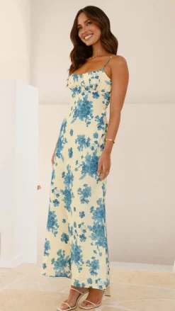 Margie Midi Dress - Yellow / Blue Floral