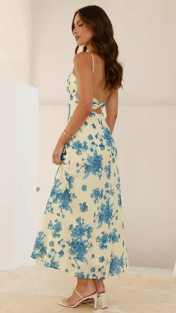 Margie Midi Dress - Yellow / Blue Floral
