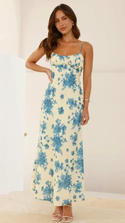 Margie Midi Dress - Yellow / Blue Floral
