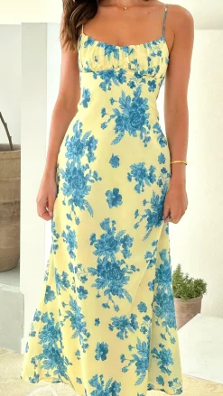 Margie Midi Dress - Yellow / Blue Floral