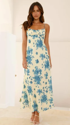 Margie Midi Dress - Yellow / Blue Floral