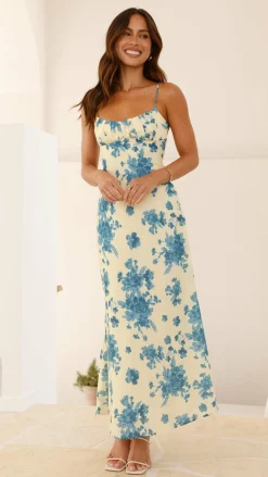 Margie Midi Dress - Yellow / Blue Floral