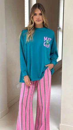 Matcha Long Sleeve Top and Pants Set - Teal / Pink