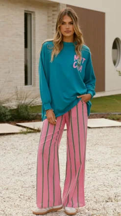 Matcha Long Sleeve Top and Pants Set - Teal / Pink