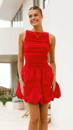 Meera Boat Neck Mini Dress - Red