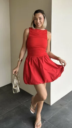 Meera Boat Neck Mini Dress - Red