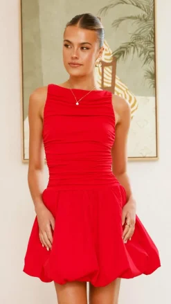 Meera Boat Neck Mini Dress - Red