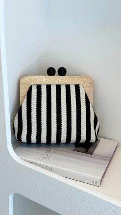 Neve Canvas Stripe Timber Clutch - Black / White
