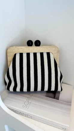 Neve Canvas Stripe Timber Clutch - Black / White