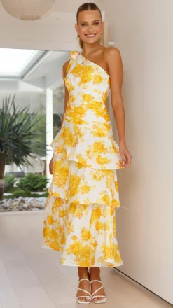 Odilie One Shoulder Maxi Dress - Yellow Floral