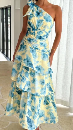 Odilie One Shoulder Maxi Dress - Yellow/Blue Floral