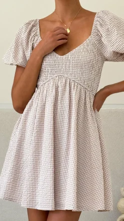 Sahirah Mini Dress - Beige / White Gingham