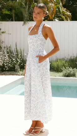 Salas Halter Maxi Dress - White / Blue Floral