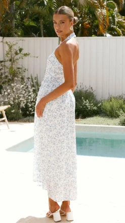 Salas Halter Maxi Dress - White / Blue Floral