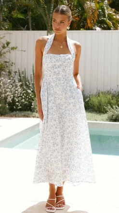 Salas Halter Maxi Dress - White / Blue Floral