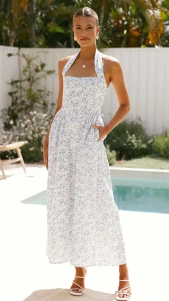 Salas Halter Maxi Dress - White / Blue Floral