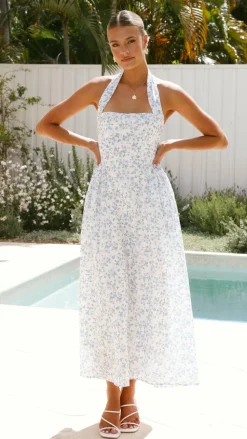 Salas Halter Maxi Dress - White / Blue Floral