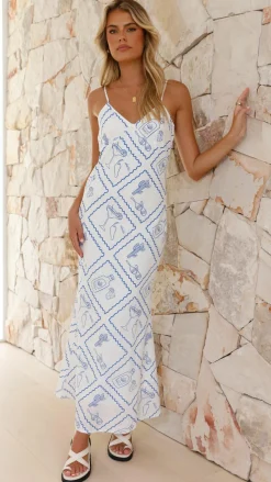 Sylvia Midi Dress - Chilli Cactus - White/Blue