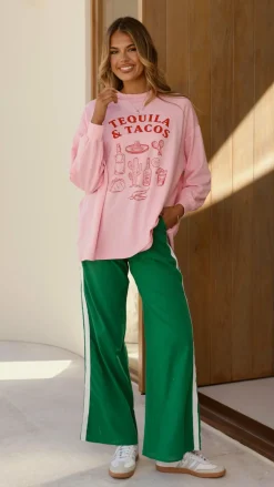 Tequila and Tacos Long Sleeve Top and Pants Set - Pink / Green