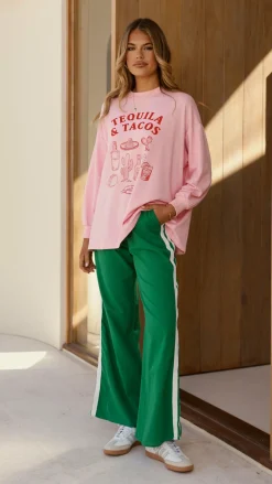 Tequila and Tacos Long Sleeve Top and Pants Set - Pink / Green