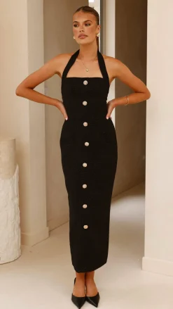 Tierra Button Midi Dress - Black