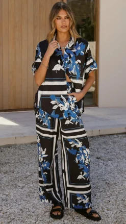 Valene Pants - Black/Blue Print