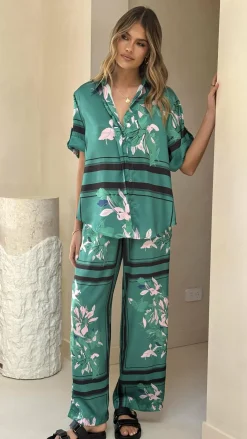 Vallerie Button Up Shirt - Green/Pink Print