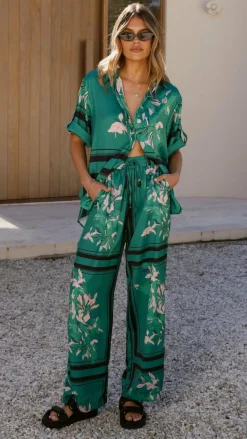 Vallerie Button Up Shirt - Green/Pink Print