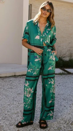 Vallerie Button Up Shirt - Green/Pink Print