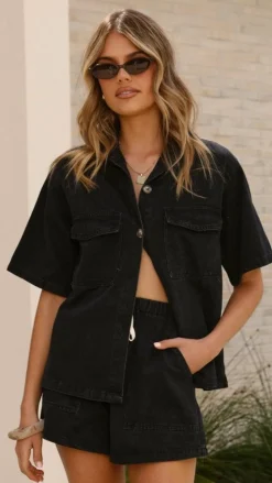 Vasila Button Up Shirt and Shorts Set - Black