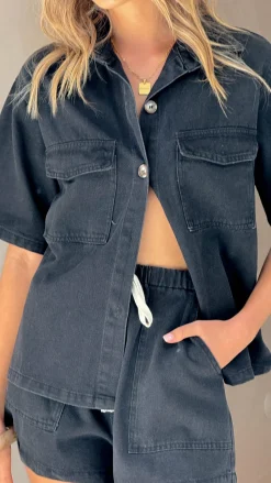 Vasila Button Up Shirt and Shorts Set - Black