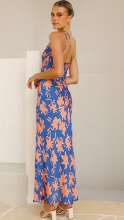 Verity One Shoulder Maxi Dress - Orange/Blue Floral