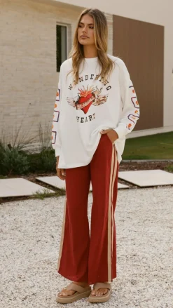 Wandering Heart Long Sleeve Top and Pants Set - Dark Red