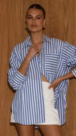 Zoah Long Sleeve Button Up Shirt - Blue/White Stripe