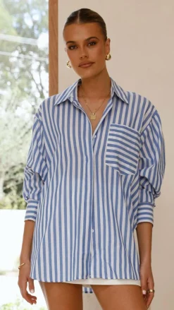 Zoah Long Sleeve Button Up Shirt - Blue/White Stripe