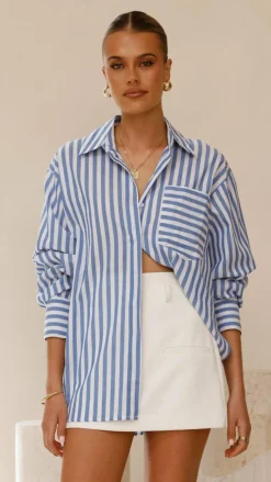 Zoah Long Sleeve Button Up Shirt - Blue/White Stripe