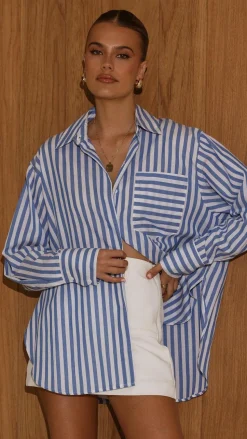 Zoah Long Sleeve Button Up Shirt - Blue/White Stripe