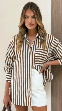 Zoah Long Sleeve Button Up Shirt - Choc/Champagne Stripe
