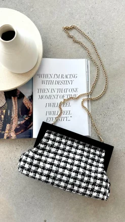 Zoey Boucle Timber Frame Clutch - Black/White